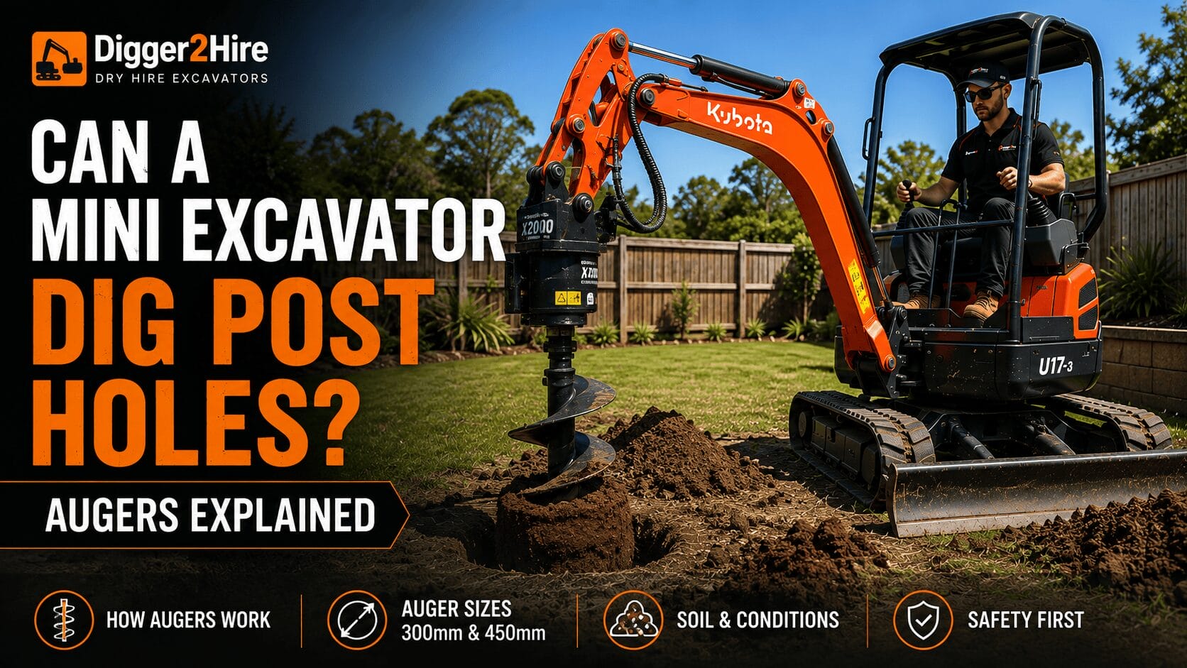 Kubota U17-3 mini excavator using an auger to dig a post hole