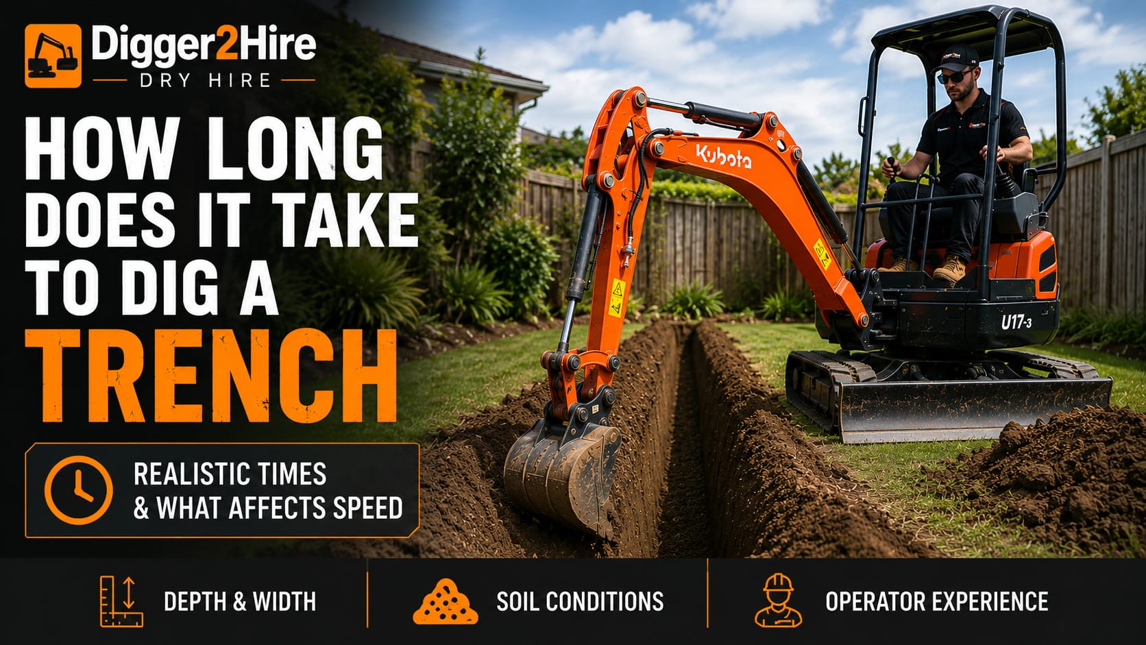 Kubota U17-3 mini excavator digging a trench in a residential backyard