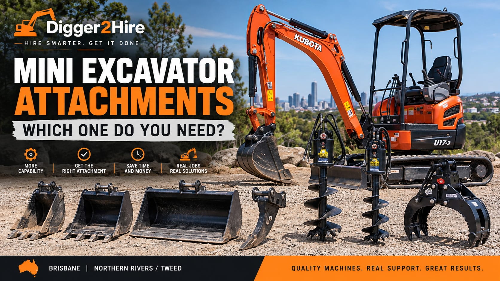 Mini excavator attachments including buckets, augers, ripper and hydraulic rock grabber