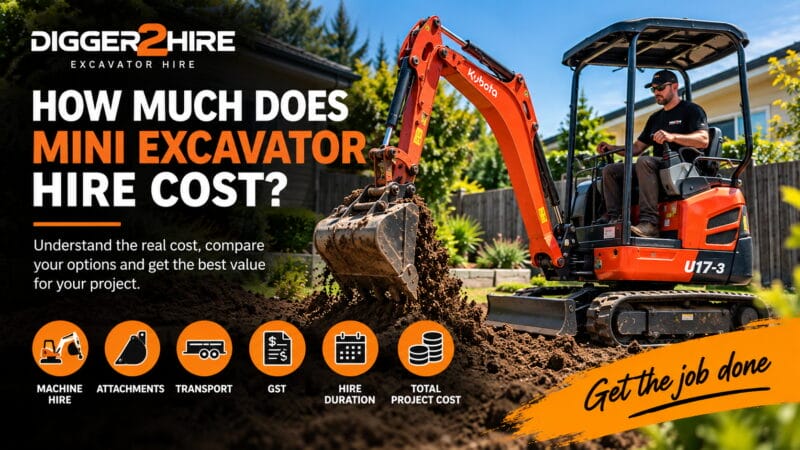 Mini excavator hire cost guide showing a Kubota U17-3 and key hire cost factors