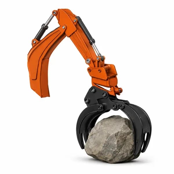 Excavator hydraulic rock grabber gripping a large rock