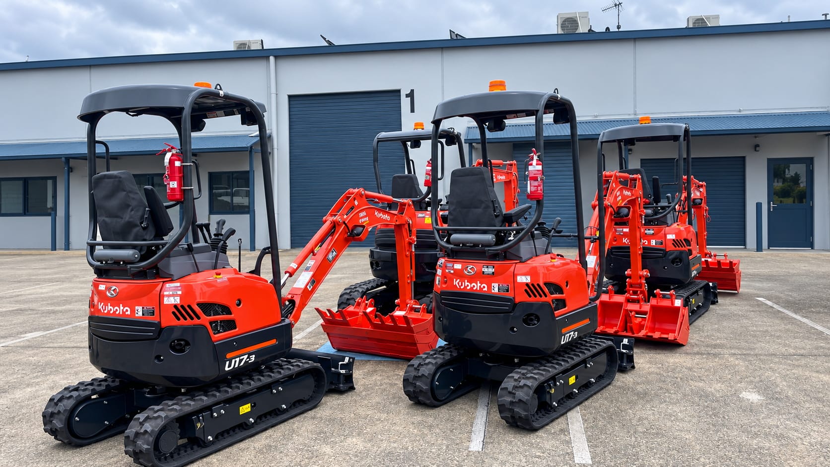Three Kubota U17-3 mini excavators in the Digger2Hire fleet in Brisbane